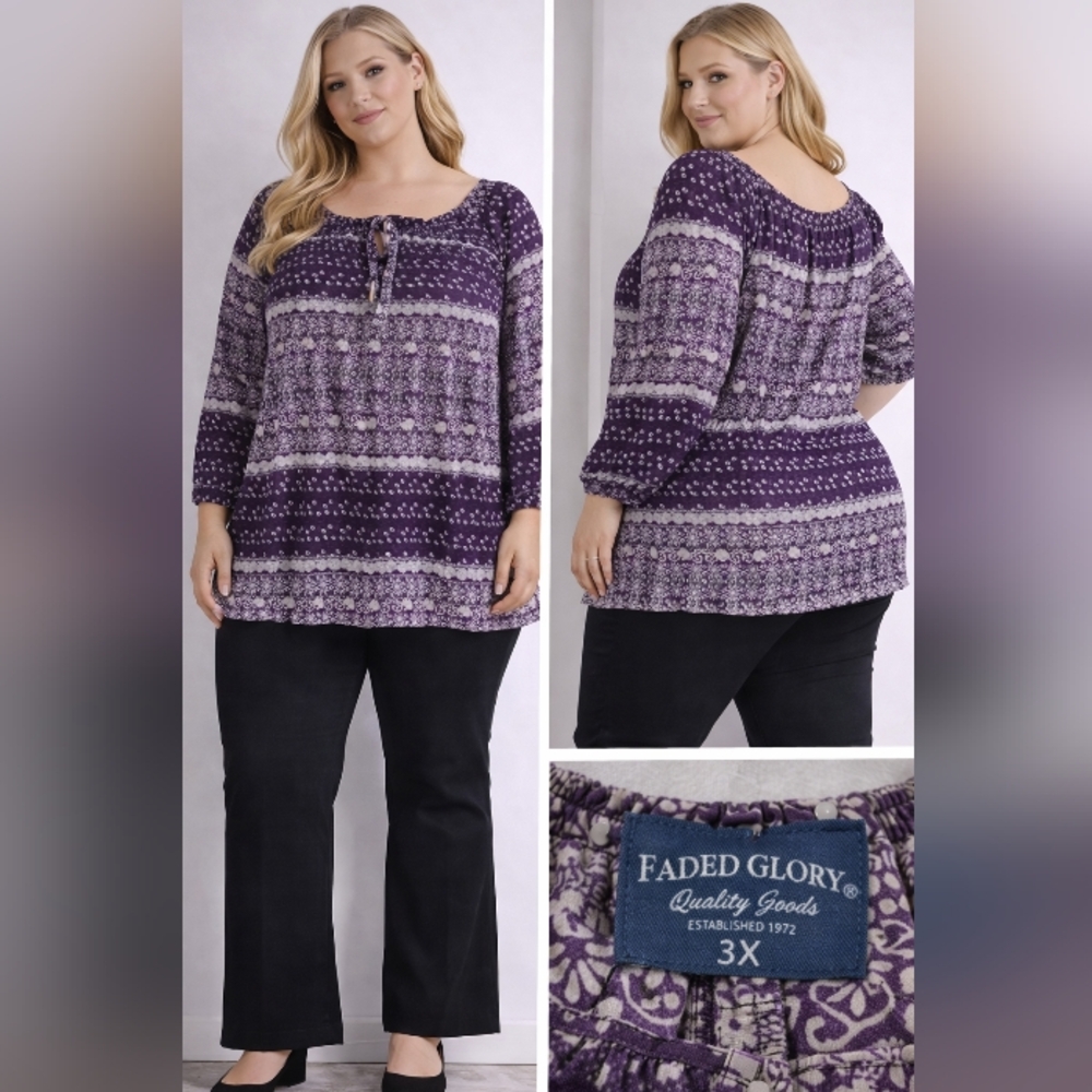 Faded Glory Purple Printed Peasant Tunic